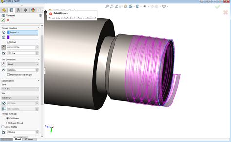 The two methods of creating a thread feature are cut thread and extrude thread. . Thread body and cylindrical surface are disjointed solidworks